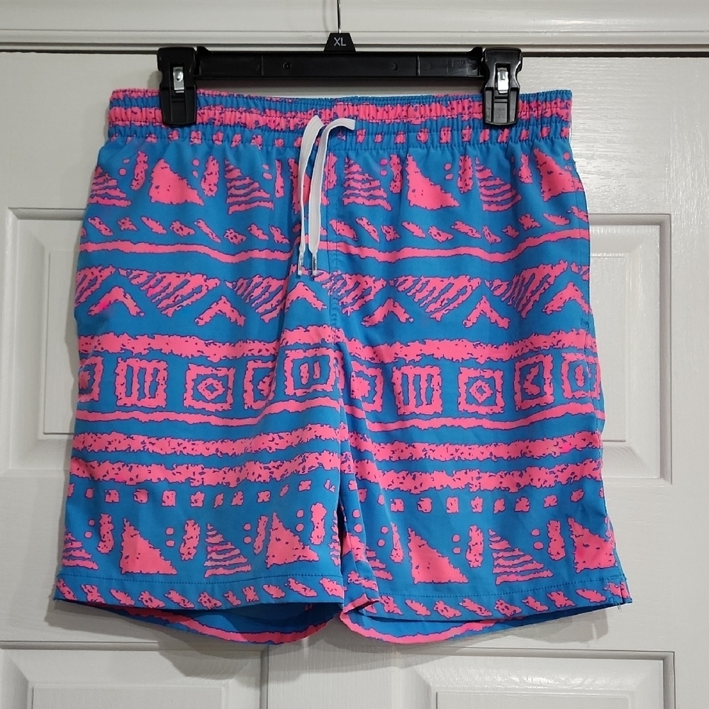 Chubbies Blue and Pink Swim Trunks with Geometric Pattern